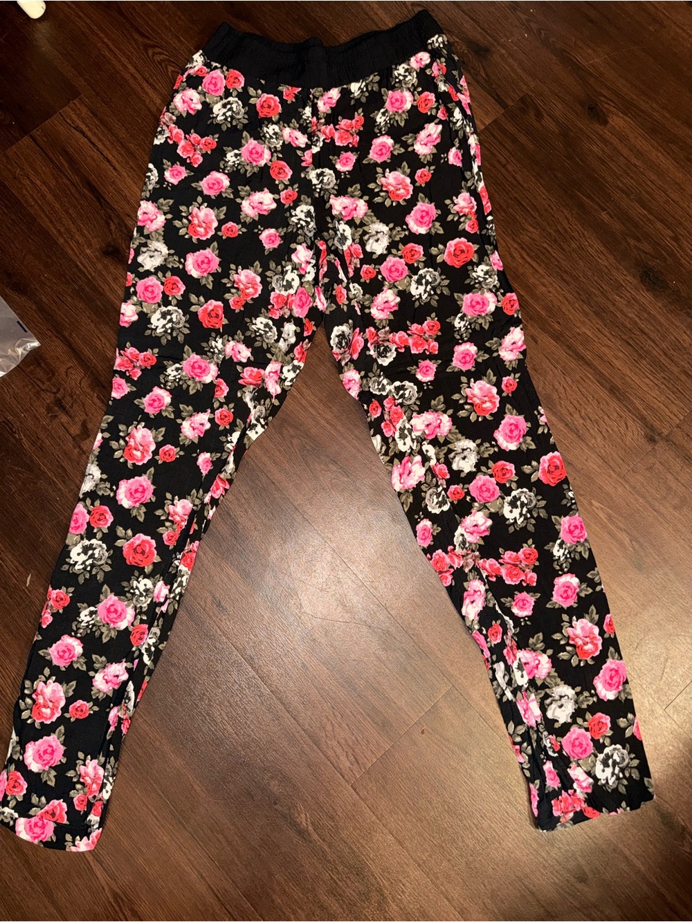 Y2K Black Pink Floral Wide Leg Lounge Pants One Size - Picture 1 of 9